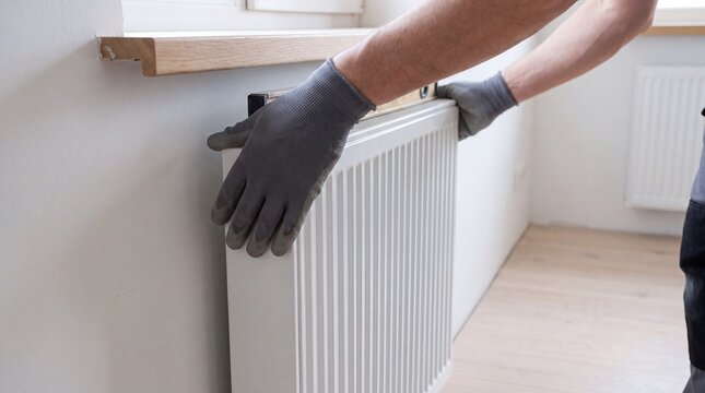Technician installing white steel radiator beneath a window with gloved hands in a bright residential interior