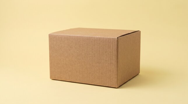 Blank eco-friendly brown cardboard shipping box on pastel yellow background