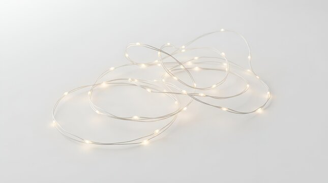 Modern glowing white fairy lights string coiled gracefully on a clean white background