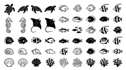 Fototapeta premium Collection of Diverse Marine Life Icons Isolated