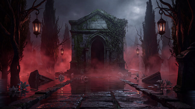 Gothic mausoleum rising from a flooded cemetery beneath moonlit skies