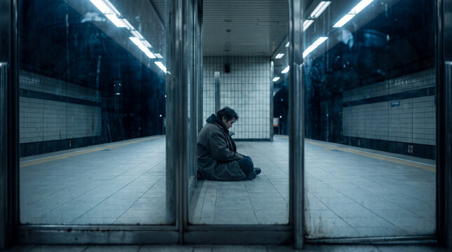 Solitary passenger sitting on an empty underground train platform