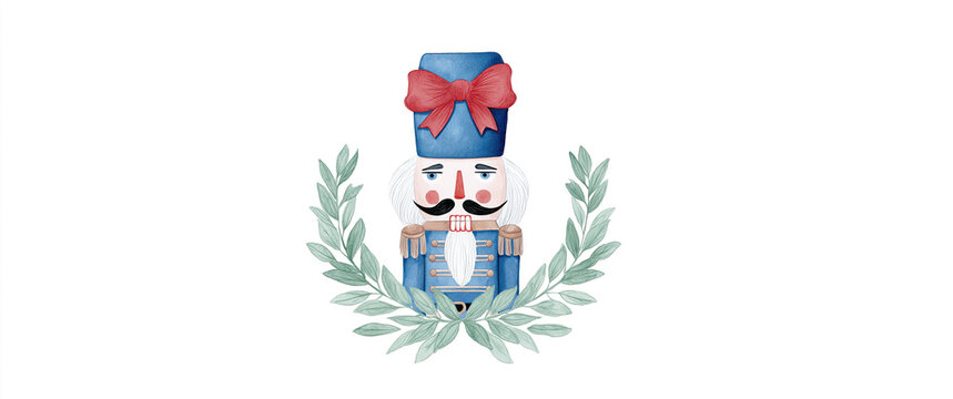 Watercolor illustration of a classic Christmas nutcracker soldier in blue uniform framed by green laurel leaves on white.