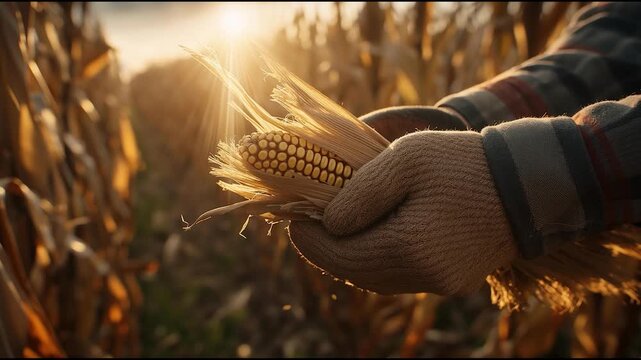 Farmer holding freshly harvested corn cob in sunlit field, agriculture and harvest season concept with warm golden light and rustic rural setting
