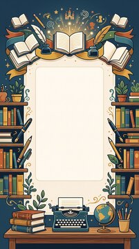 Decorative bookshelf border frame with open books typewriter and vintage writing stationery elements for creative text