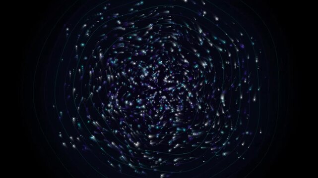 background Abstract blue particle vortex motion background, glowing cyan digital energy swarm swirl loop, futuristic data stream particles forming circular wave field for science video overlay