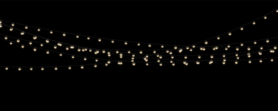 A series of glowing string lights suspended in the air. The bulbs emit a soft warm yellowish glow with visible slight halos. Ideal for festive, outdoor, or decorative ambiance visuals.