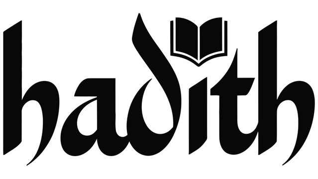 Black typography of the word hadith featuring a small open book above the letter i isolated on a white background, for islamic studies