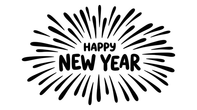 Hand drawn Happy New Year lettering surrounded by black firework burst rays in a playful doodle style