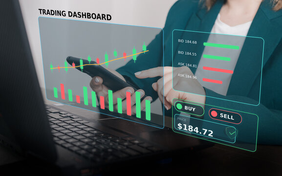 Female Investor Using Trading Dashboard With Smartphone For Stock Market Analysis Today