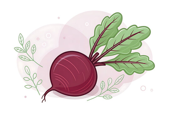 Flat vector beetroot, deep burgundy shape, simple green leaves