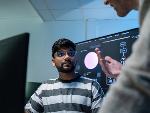 Software engineering use computer working development office are assisting algorithm systems or verifying code. Programmer teamwork using artificial intelligence on laptop analysis or writing coding