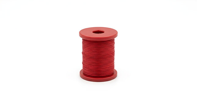 Vibrant red sewing thread spool on a plain white background for needlework and tailoring