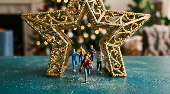 金色のクリスマススターを駆け抜けるミニチュア人形