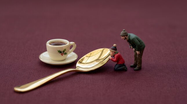 金色のスプーンとクリスマスティーを囲む親子
