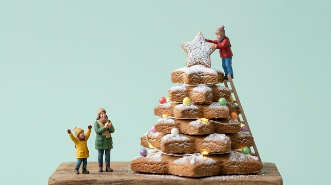 クッキーツリーを飾るミニチュア家族