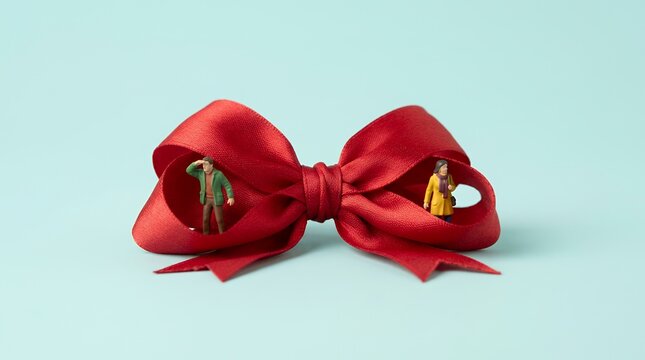 赤いクリスマスリボンの中に立つミニチュアの男女