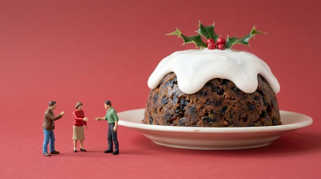 大きなクリスマスプディングとミニチュアの人々