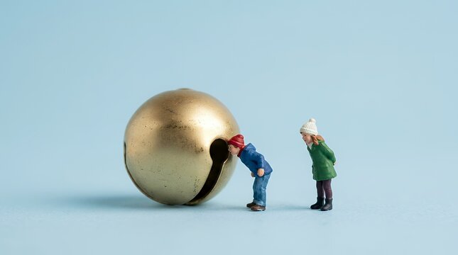 大きな金色のベルを覗き込むミニチュアの男女