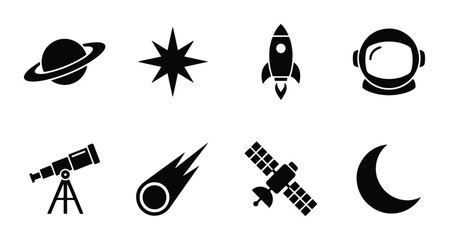 Space Icons Set: Rocket, Astronaut, Telescope, Planet, Moon, Star, Satellite, Comet © Tarikul