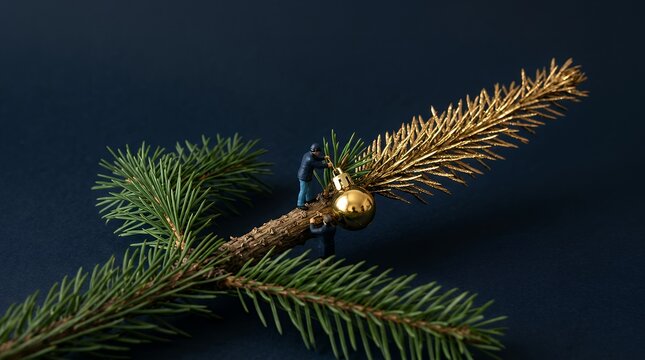 金色のクリスマス枝を飾るミニチュア作業員