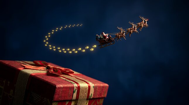 クリスマスギフトの上を飛ぶサンタのそり