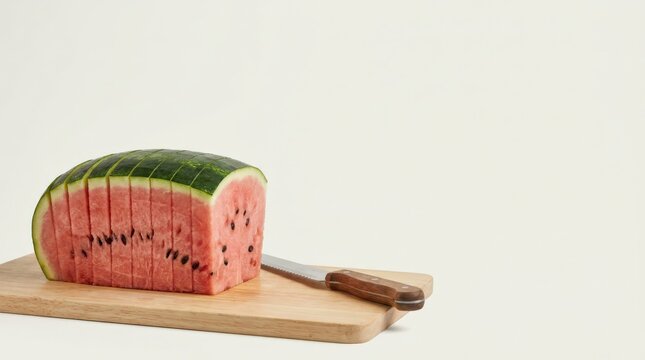 Sliced watermelon shaped like a bread loaf on wooden cutting board with knife, isolated against a light background, food concept