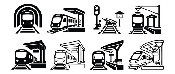 Set of train and subway station transit icons with train icon rail transport commuter train public transport travel icon black and white transportation icon railway symbol © Priyo Brato