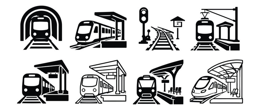 Set of train and subway station transit icons with train icon rail transport commuter train public transport travel icon black and white transportation icon railway symbol