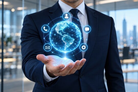 Global Connection and Innovation: A businessman in a suit extends his hand, projecting a glowing holographic globe surrounded by interconnected icons representing global communication and technology.
