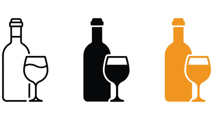 Obraz premium Three variations of a wine bottle and glass presented in outline, solid black, and solid orange styles on a white background