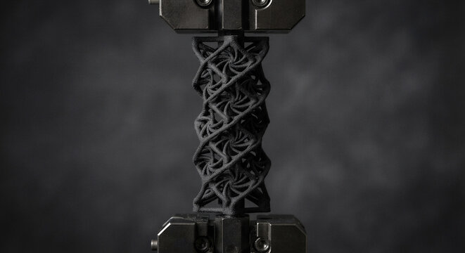 Chiral mechanical metamaterial lattice structure under uniaxial tension showing rotating asymmetric nodes