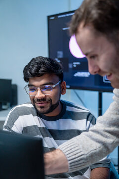 Software engineering use computer working development office are assisting algorithm systems or verifying code. Programmer teamwork using artificial intelligence on laptop analysis or writing coding