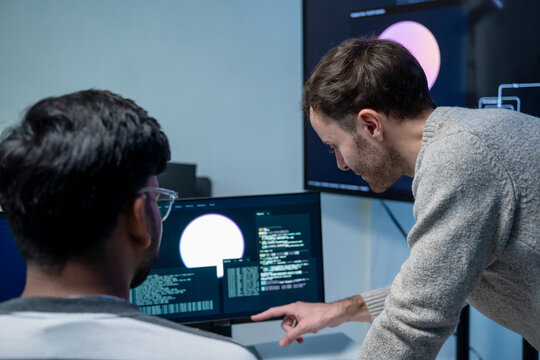 Software engineering use computer working development office are assisting algorithm systems or verifying code. Programmer teamwork using artificial intelligence on laptop analysis or writing coding