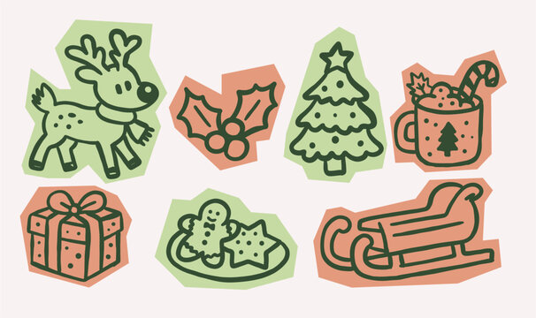 Hand drawn Christmas scrapbook sticker set with festive holiday elements in vector style