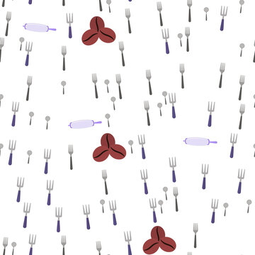 Seamless pattern of kitchen utensils and coffee beans