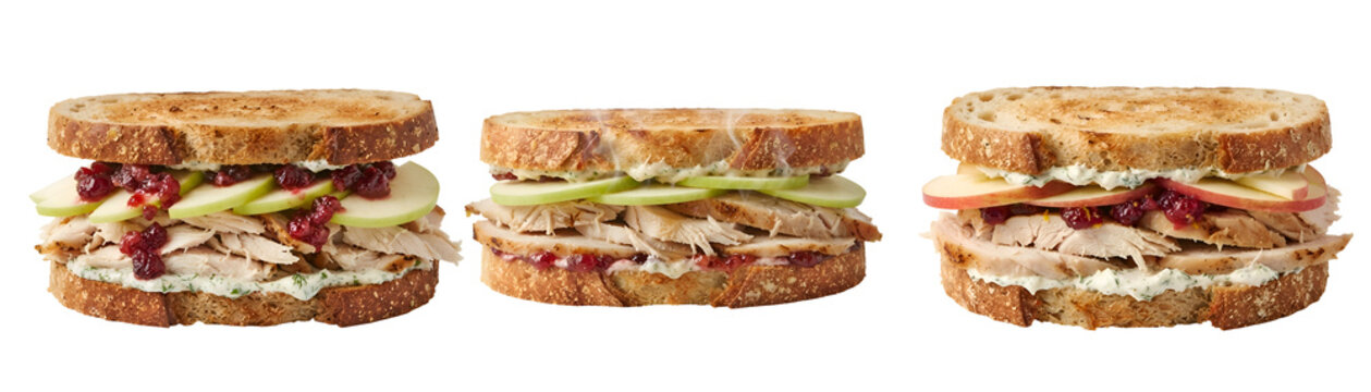 Gourmet turkey sandwiches layered with fresh sliced green apples and cranberry sauce served on toasted crusty bread slices arranged in a row on transparent background