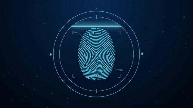 Fingerprint digital scan, biometric security identification in dark blue futuristic cyberspace