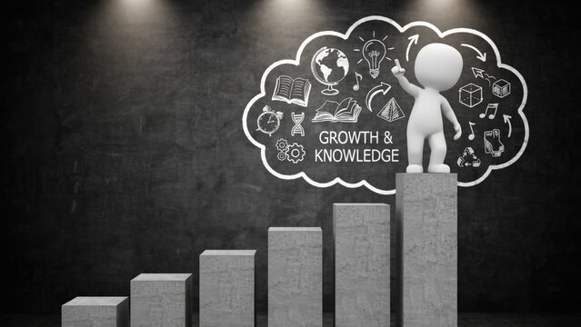 3D white humanoid figure standing on a bar chart with growth and knowledge chalk icons