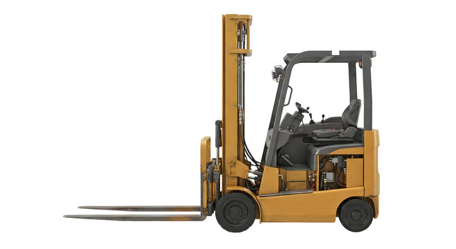 Yellow industrial forklift truck side view isolated on transparent background PNG