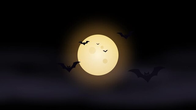 Glowing full moon with flying bats and drifting mist in a dark night sky, creating an atmospheric Halloween scene with a mysterious and spooky mood.
