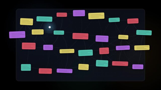 Animated mind map with colorful connected text boxes on dark background for business presentation