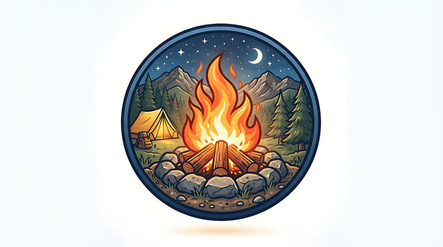 Camping campfire illustration with tent and mountains in circular