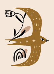 Obraz premium Mystical weirdcore cottagecore flying swallow bird carrying botanical flower with eye, stars, and organic arch shape in naive folk vector illustration