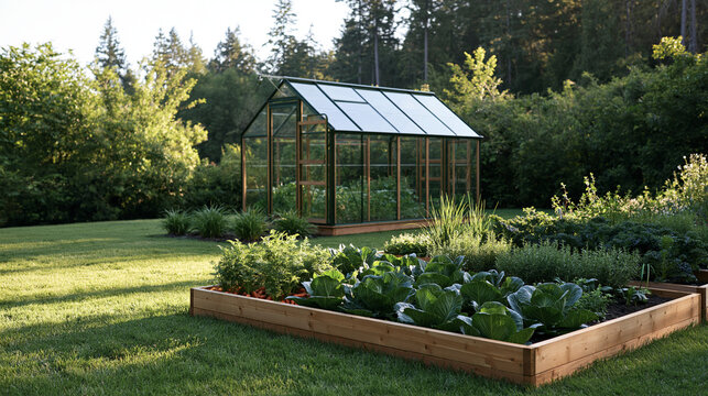 A small greenhouse surrounded by raised beds full of carrots, cabbage, kale and herbs, lush backyard landscape, organic home gardening, seasonal vegetables, self-sufficient
