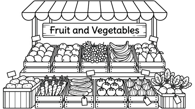 Fresh fruit and vegetable stand outline for market coloring book pages.