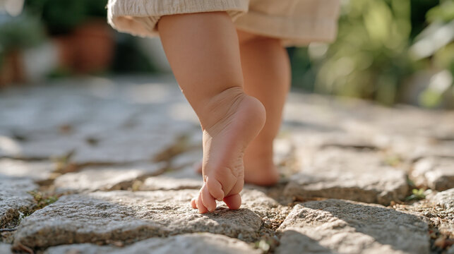 Close up of chubby toddler feet tiptoeing across a textured cobblestone path, tiny toes gripping the uneven surface, barefoot outdoor sensory exploration, early childhood physical