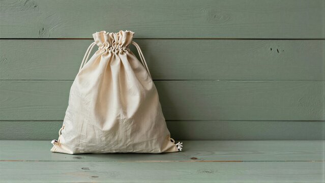 Two beige drawstring bags rest on a muted green wooden surface.