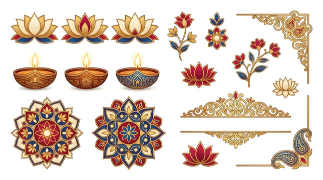 Diwali decorative vector set with oil diya lamps lotus flowers mandalas and golden ornamental frames isolated on white background
