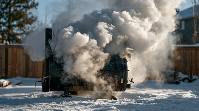 Smoke billowing sideways from a barrel smoker in a frost-covered backyard, low winter sun casting long shadows across the snow, cold season smoked meat cooking, outdoor pit master